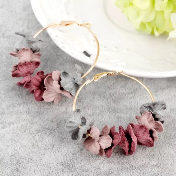 Multicolor Floral Flower Petal Large Hoop Earrings - Picture 2 of 10